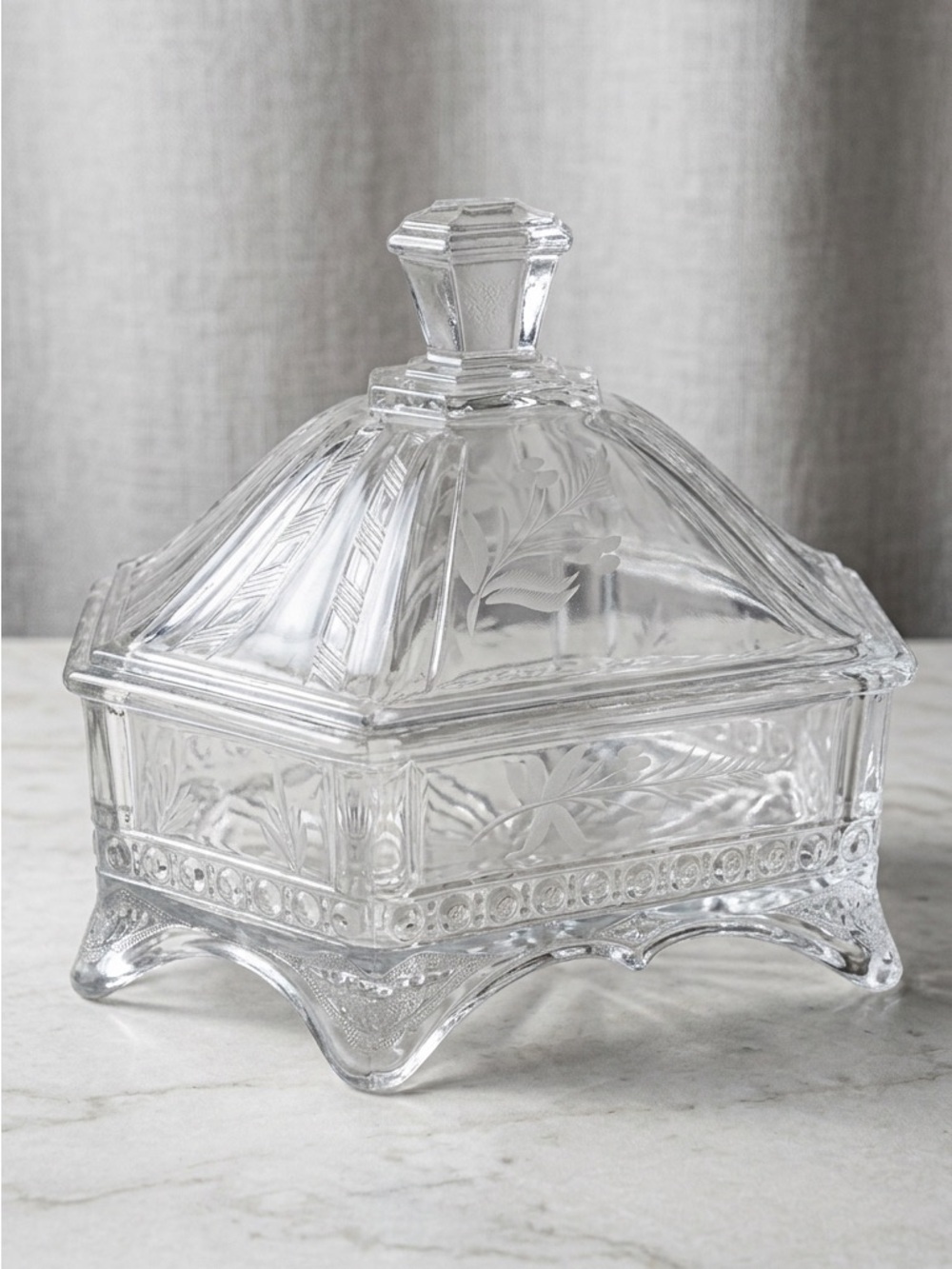Vintage Clear Pressed Glass Footed Trinket Box with Elegant Etched Floral Design